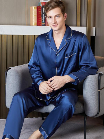 Luxurious 19Momme Blue Silk Men's Lapel Pajamas 2Pcs