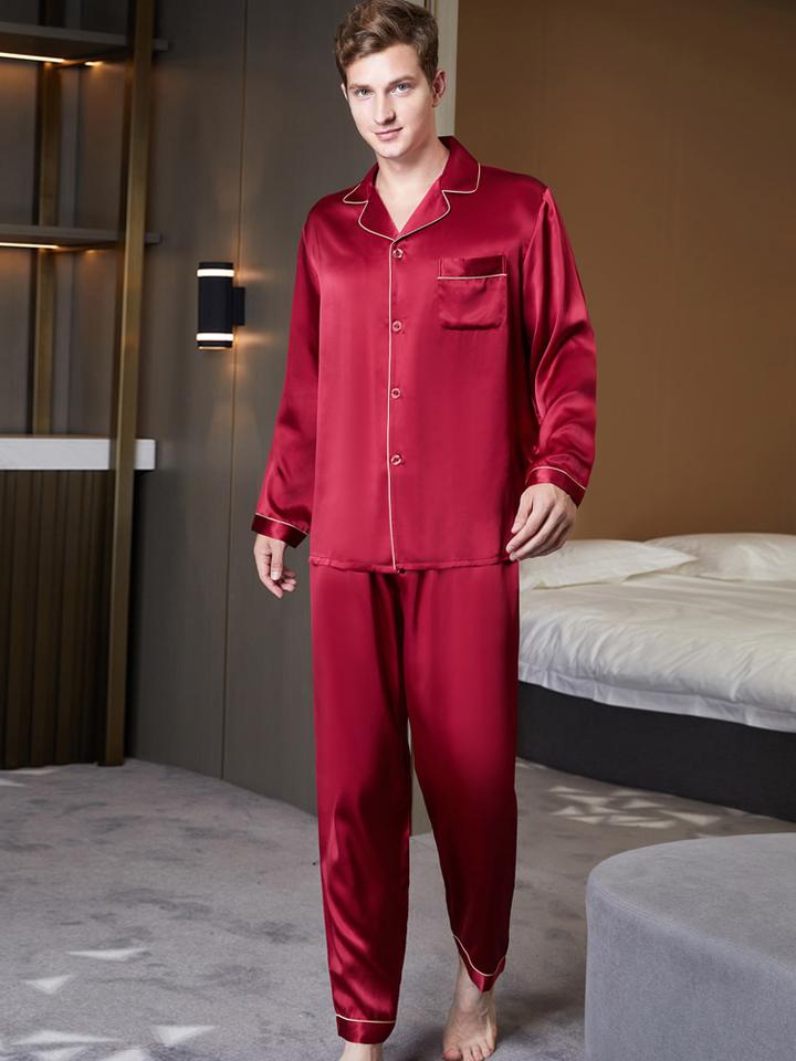 Luxurious 19Momme Burgundy Silk Men's Lapel Pajamas 2Pcs