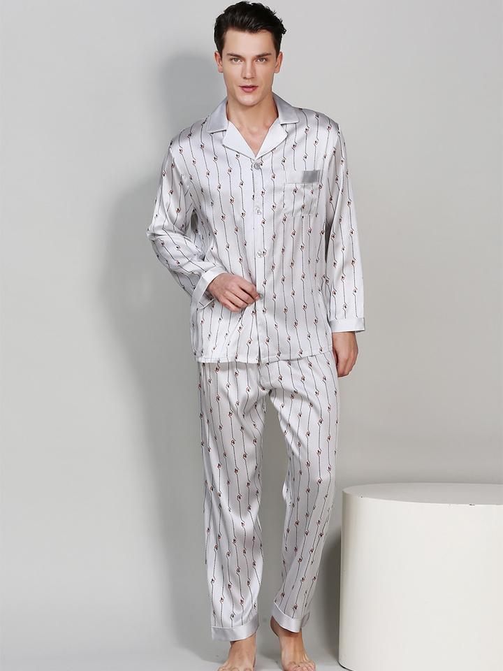 Pure Silk Grey Men's Stripe Printed Pajamas