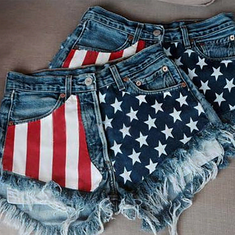 Colorblock Flag Print Raw Hem Denim Shorts