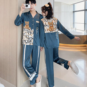 Couple Letter Graphic Print Satin PJ Set