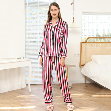 Contrast Piping Pocket Patched Satin Pajamas Set