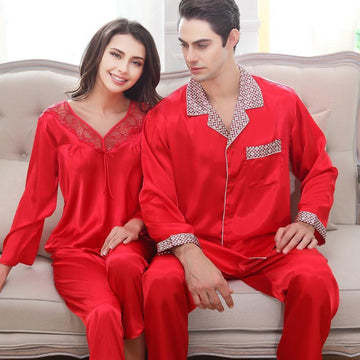 Bow Front Lace Trim Silky Couple Pajama Set