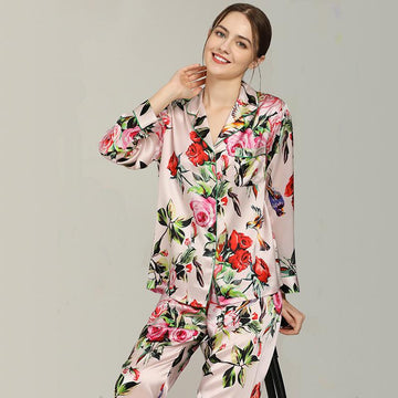 Floral Printed Pure Pink Silk Pajamas Set