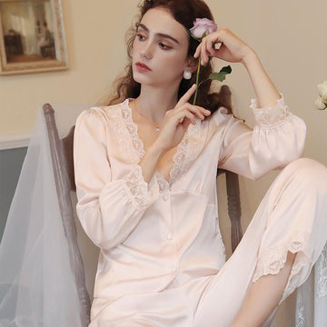 Lace Trim Satin Pajamas Set