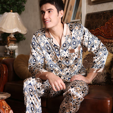 Floral Print Contrast Piping Men's Satin Pajamas Set 2pcs