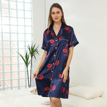 Solid Button Up Satin Sleep Dress