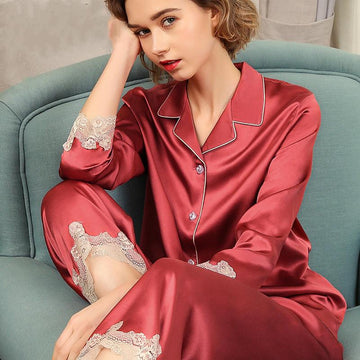 Lace Cuffs Women Silk Pajamas 2Pcs