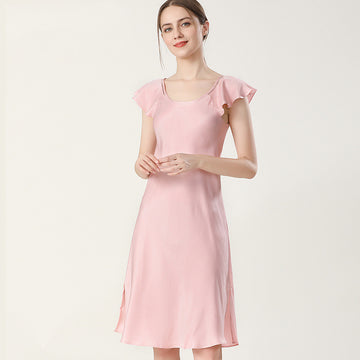 Pure Silk Ruffled Shoulders Elegant Dress