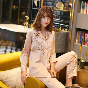 Floral Print Lapel Collar Women Satin Pajama Set