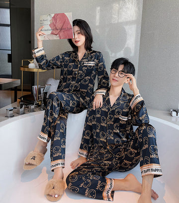 Couple Smiley Print  Satin PJ Set