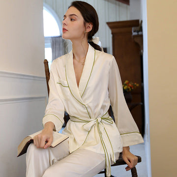 Contrast Piping Satin Robe & Pants PJ Set