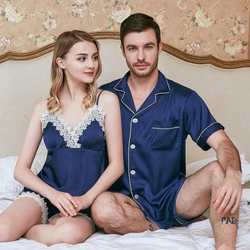 Guipure Lace Appliques Satin Couple Short Pajamas Sets