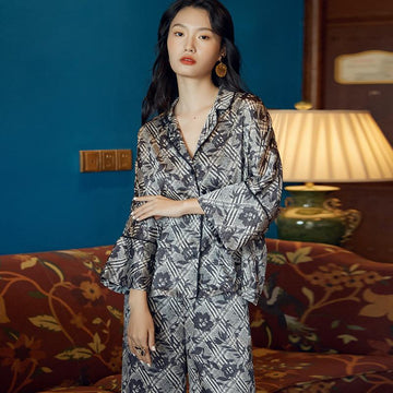 Floral Print Contrast Piping Satin Blouse & Pants PJ Set