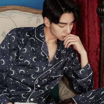 Men Satin Galaxy Print Lapel Neck PJ Set