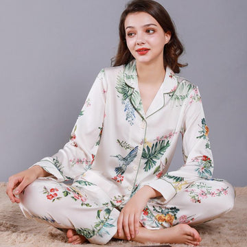 Floral Print Lapel Collar Satin PJ Set