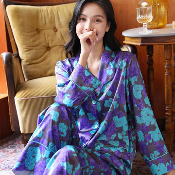 Floral Print Contrast Piping Satin Blouse & Pants PJ Set