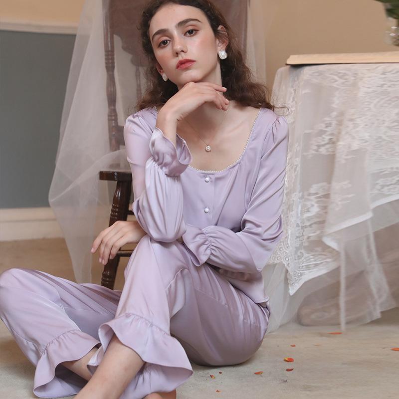 Satin Flounce Sleeve Ruffle Hem Pajamas Set