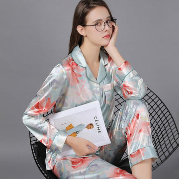 Floral Print Lapel Collar Satin Pajamas Set