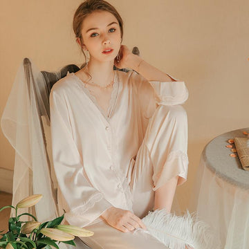 Lace Trim Satin Pajama Set