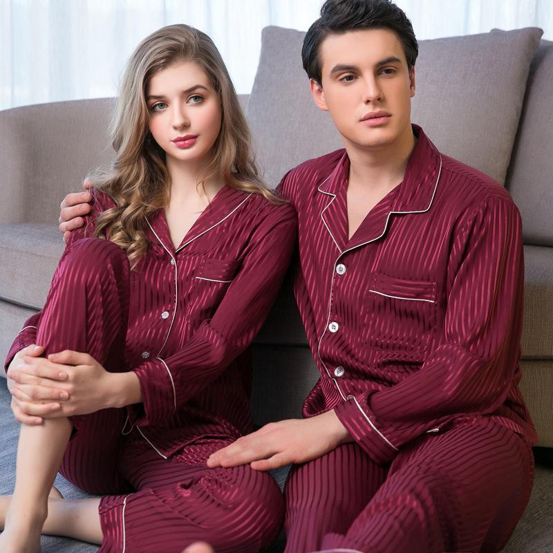 Grey Stripe Couple Satin Pajamas Set