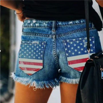 Women 4th of July Star & Striped Print Raw Hem Denim Shorts