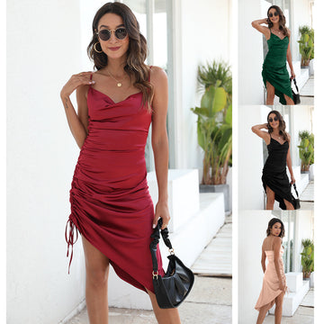 Women's Satin Spaghetti Straps Cowl Neck Sexy Ruch Cocktail Midi Dresses