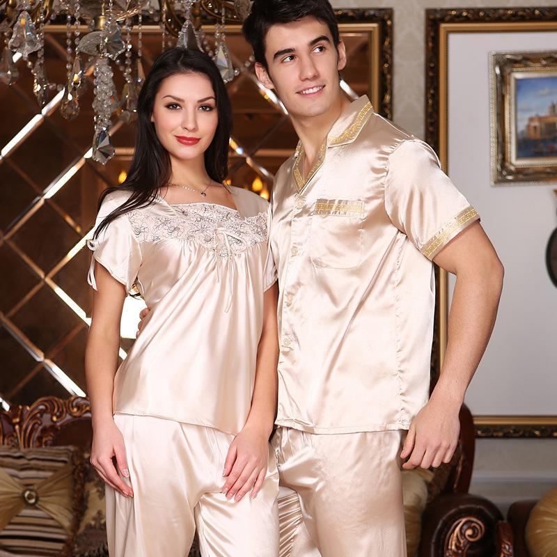 Floral Lace Trim Couple Satin Pajamas Set