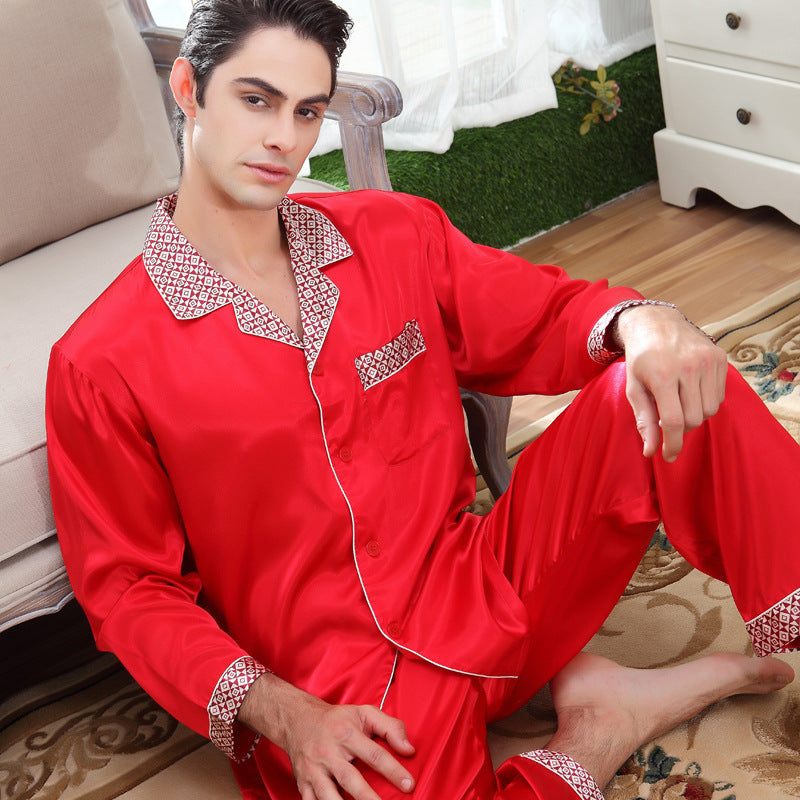 Luxurious Embroidered Collar Men's Satin Pajamas Set 2pcs