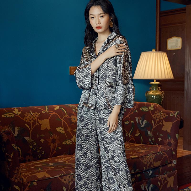 Floral Print Contrast Piping Satin Blouse & Pants PJ Set