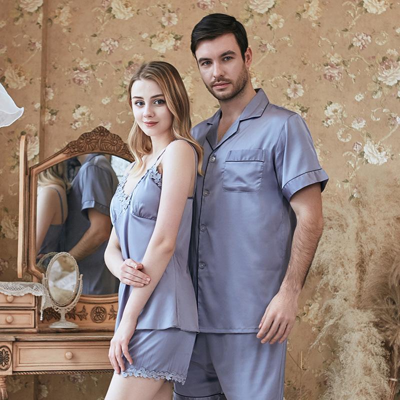 Lace Trim Satin Couple Short Pajamas Sets