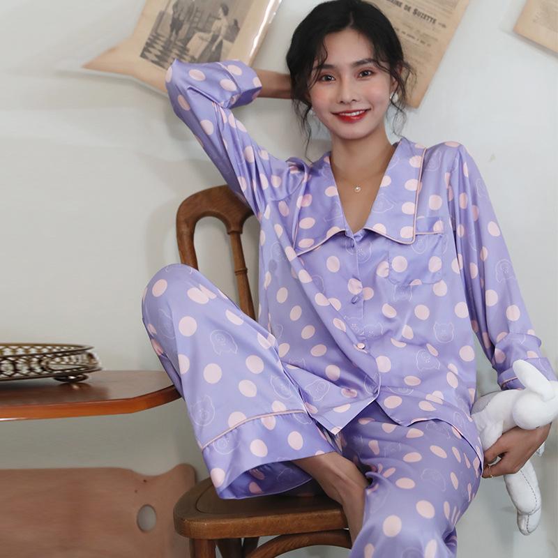 Satin Polka Dot Patched Pocket Contrast Piping PJ Set