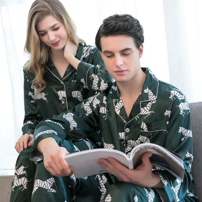 Turquoise Piped Satin Couple Pajama Set