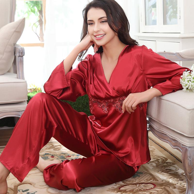 Contrast Lace Peplum  Satin Women Pajama Set