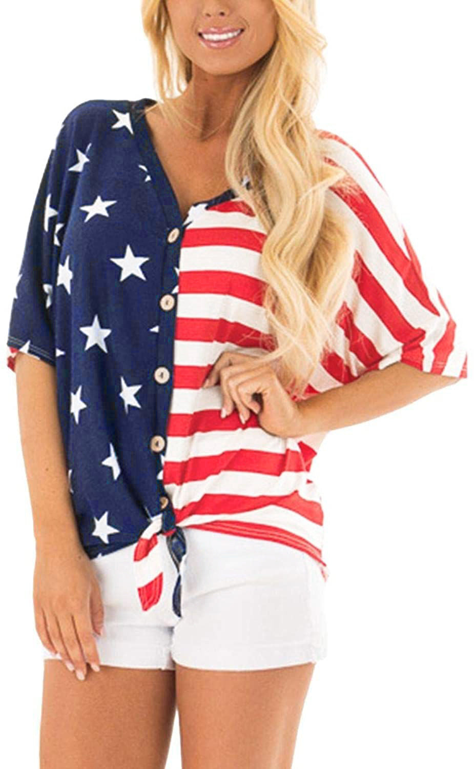 Women 4th Of July Star Print Batwing Sleeve Blouse