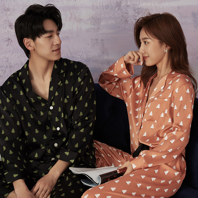 Christmas Tree Print Button Up Satin Couple Pajamas Set