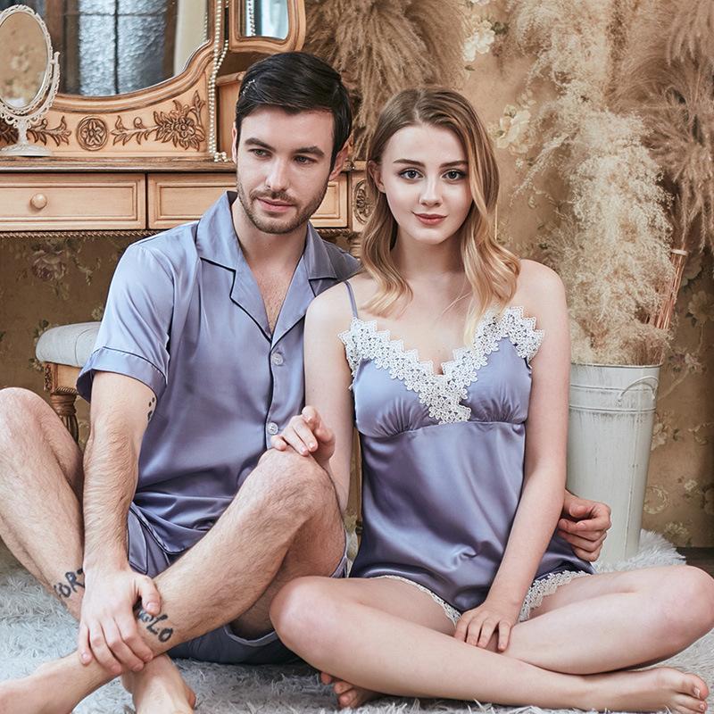 Guipure Lace Appliques Satin Couple Short Pajamas Sets