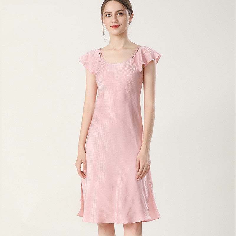 Pure Silk Ruffled Shoulders Elegant Dress