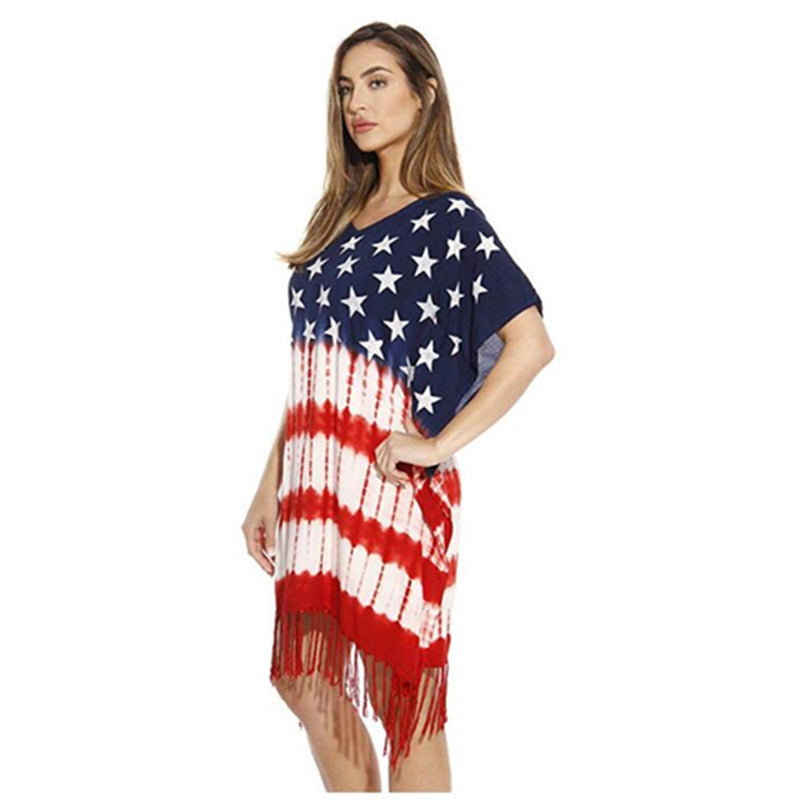 Women 4th Of July American Flag Print Tassel Cover Up