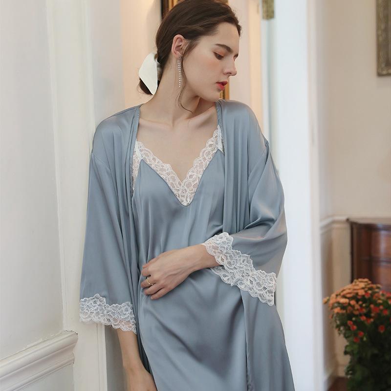 3pcs Light Blue Lace Trim Cami Top & Satin Pants & Robe Satin Sleepwear Robes