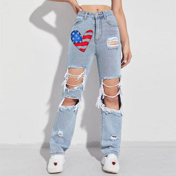 Women 4th of July Star Print Denim Jeans