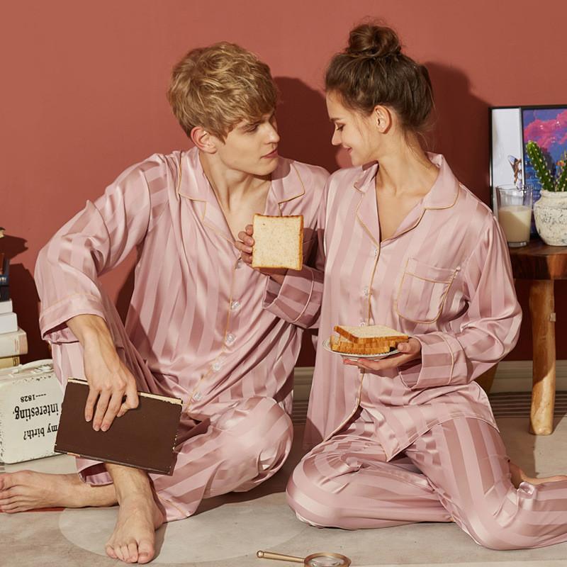 Striped Button Front Satin Matching Couples Pajamas Set