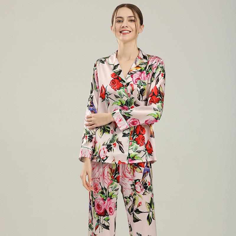 Floral Printed Pure Pink Silk Pajamas Set