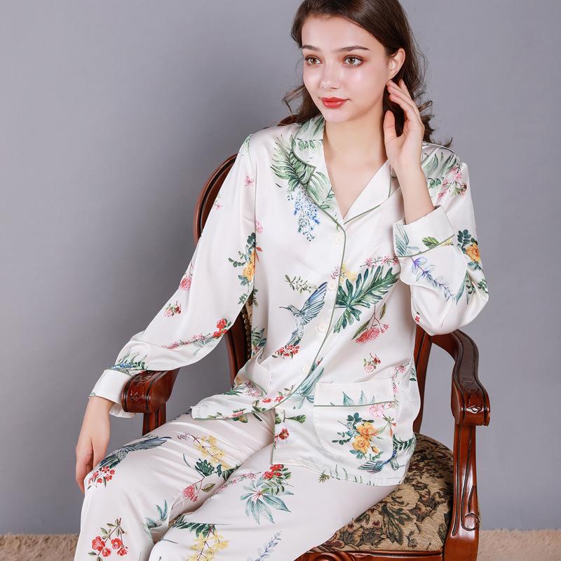 Floral Print Lapel Collar Satin PJ Set