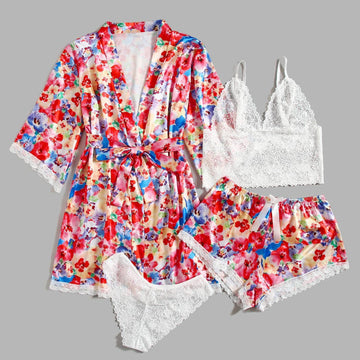 Red Floral Printed Lace Bathrobe Four-Piece Lingerie Set