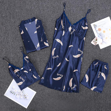 4pcs Floral Print Belted Satin Robe & Cami Top & Night Dress & Shorts