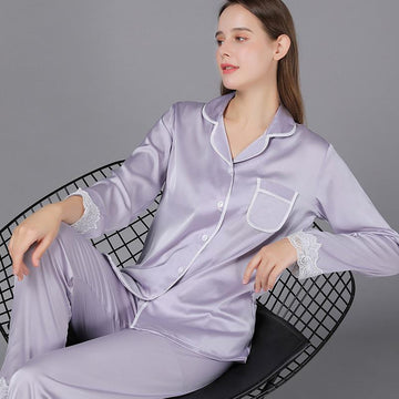 Lace Trim Satin Women Pajama Set