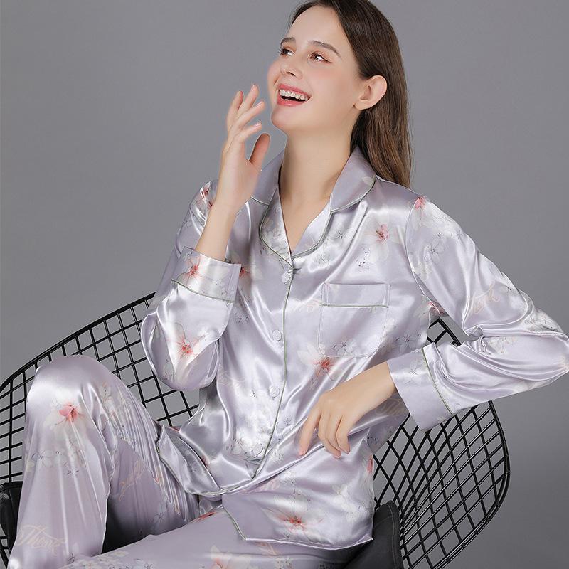 Floral Print Lapel Collar Satin Pajamas Set