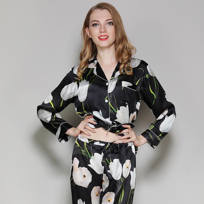 Floral Printed Pure Black Silk Pajamas Set 2Pcs