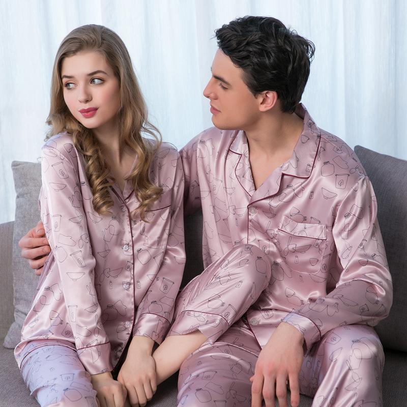 Shawl Collar Trimmed Satin  Couple Pajama Set